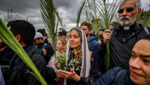 Christian pilgrims take part in the traditional Palm Sunday procession on the Mount of Olives on April 13, 2025, one week before Easter. Photo by Jamal Awad/Flash90