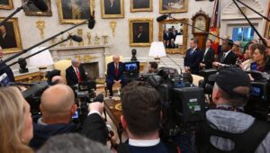 US President Donald Trump and Prime Minister Benjamin Netanyahu talk to the press at the White House on April 7. Photo by Avi Ohayon/GPO.