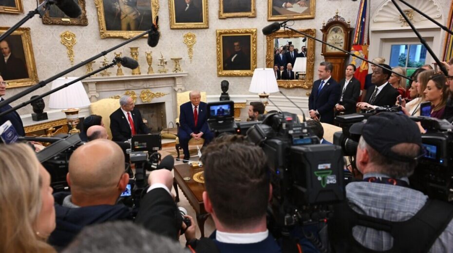 US President Donald Trump and Prime Minister Benjamin Netanyahu talk to the press at the White House on April 7. Photo by Avi Ohayon/GPO.