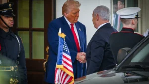 U.S. President Donald Trump welcomes Israeli Prime Minister Benjamin Netanyahu at the White House in Washington D.C., April 7, 2025. Photo by Liri Agami/Flash90.