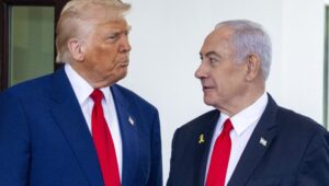 US President Donald Trump welcomes Israeli Prime Minister Benjamin Netanyahu upon his arrival for a meeting in the West Wing of the White House in Washington, DC, USA, on April 7, 2025. Photo_ EPA-EFE/SHAWN THEW