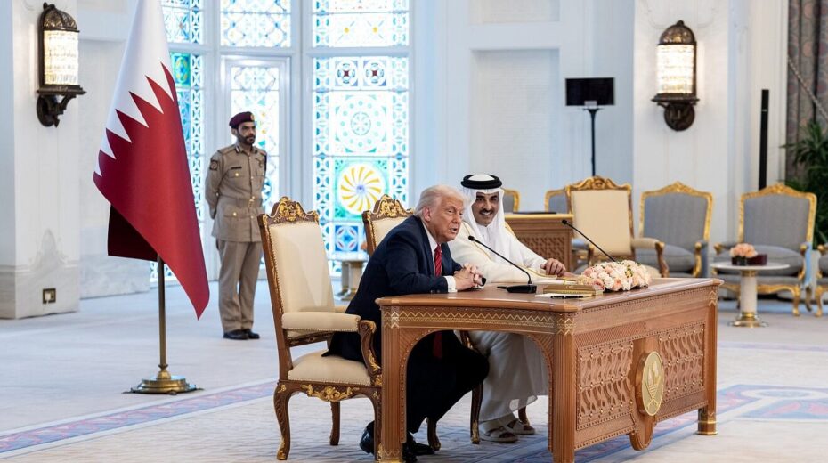 U.S. President Donald Trump participates in a signing ceremony and exchange of agreements with Emir of the State of Qatar Sheikh Tamim bin Hamad Al Thani, Amiri Diwan in Doha, Qatar, May 14, 2025. Credit: Daniel Torok/White House.