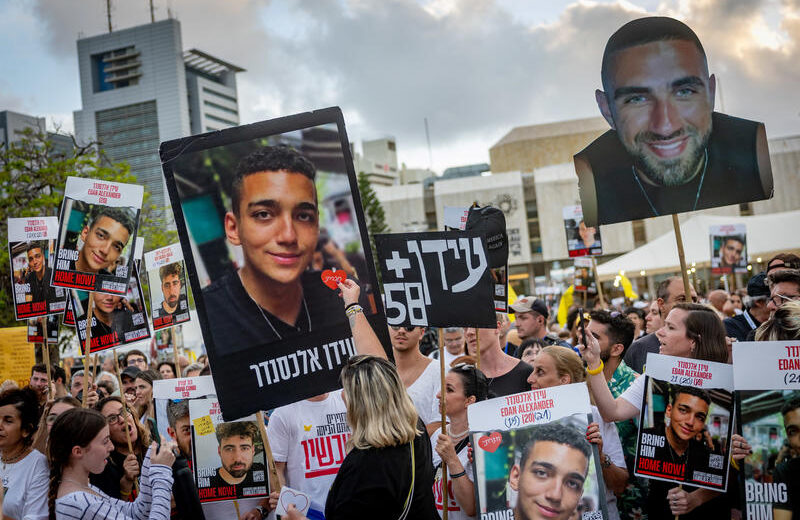 Israelis watch the release of Israeli/US hostage Edan Alexander, at Hostage Square in Tel Aviv, May 12, 2025. Photo by Chaim Goldberg/Flash90