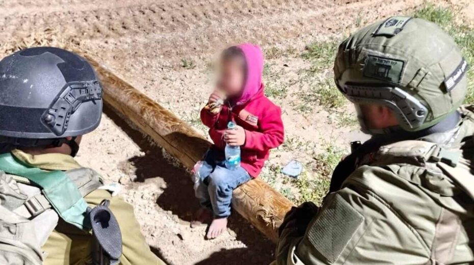 A child who said he was sent by Hamas is greeted by Israeli soldiers at an IDF post in the Gaza Strip on March 11, 2025. Credit: IDF.