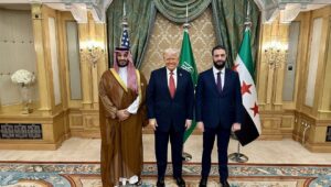 U.S. President Donald Trump meets with Syrian President Ahmed al-Sharaa and Saudi Crown Prince Mohammed bin Salman in Riyadh, Saudi Arabia on May 14, 2025. Source: @PressSec/X via JNS.