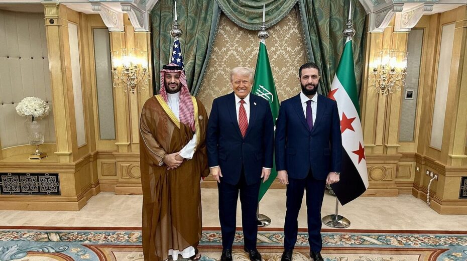 U.S. President Donald Trump meets with Syrian President Ahmed al-Sharaa and Saudi Crown Prince Mohammed bin Salman in Riyadh, Saudi Arabia on May 14, 2025. Source: @PressSec/X via JNS.