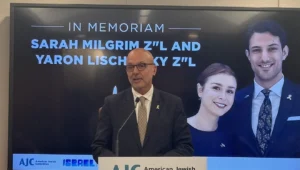 Ted Deutch, CEO of the American Jewish Committee, speaks at a vigil in memory of two slain Israeli embassy staffers, Yaron Lischinsky and Sarah Milgrim, in New York City on May 28, 2025. Credit: Courtesy of AJC.