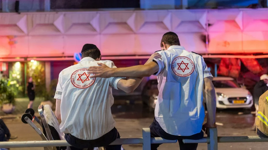 Israeli firefighters and rescue forces at the scene of a fire in a shop and nursing home in Bat Yam, a city on the Mediterranean coast south of Tel Aviv, early on May 1, 2025. Photo by Dor Pazuelo/Flash90.