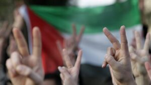 As many as 200 people took part in a demonstration outside of the Hebrew University in Jerusalem, protesting the Israeli military operation in the Gaza Strip and holding signs reading “Free Gaza,” “Free Palestine” and waving Palestinian flags, Dec. 29, 2008. Photo by Kobi Gideon/Flash90.