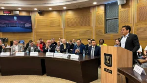 Israeli Diaspora Affairs Minister Amichai Chikli addresses Christian supporters of Israel from the Germany- based March of Life organization at a gathering at the Knesset, May 13, 2025. Credit: Knesset Christian Allies Caucus.