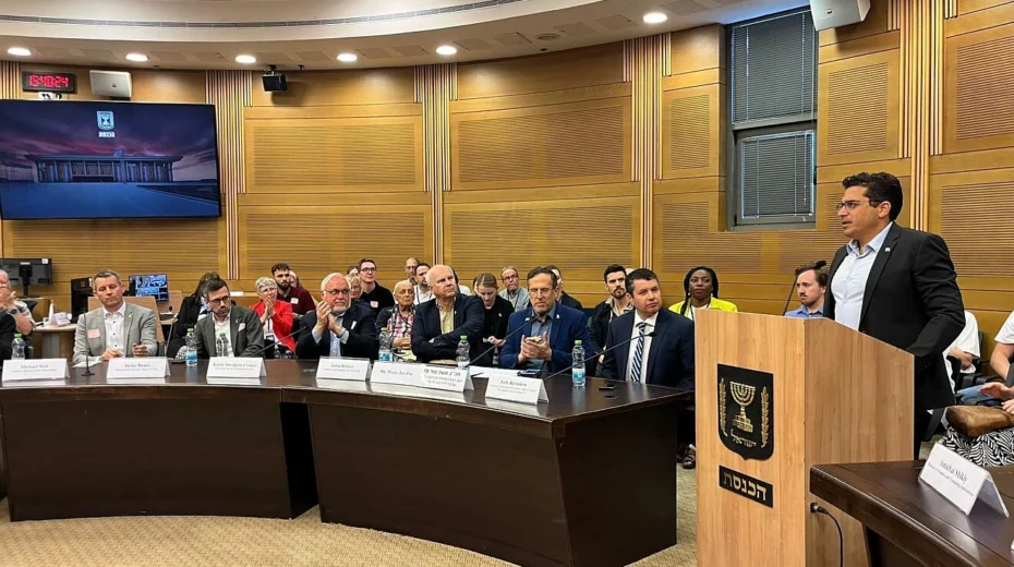 Israeli Diaspora Affairs Minister Amichai Chikli addresses Christian supporters of Israel from the Germany- based March of Life organization at a gathering at the Knesset, May 13, 2025. Credit: Knesset Christian Allies Caucus.