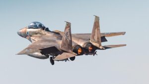 An Israeli F-15 fighter-bomber takes off late Monday afternoon for a strike against Yemen's Houthi terrorist regime. Photo: IDF