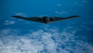 A B-2 Spirit bomber, launched from Whiteman Air Force Base, Missouri, flies near Joint Base Pearl Harbor-Hickam, Hawaii, during an interoperability training mission on January 15, 2019. Photo by Master Sgt. Russ Scalf/US Air Force.