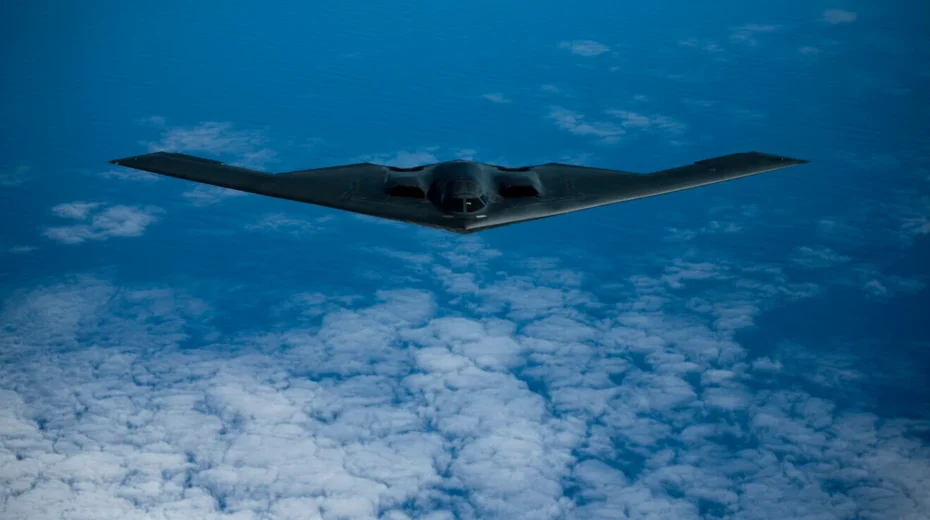 A B-2 Spirit bomber, launched from Whiteman Air Force Base, Missouri, flies near Joint Base Pearl Harbor-Hickam, Hawaii, during an interoperability training mission on January 15, 2019. Photo by Master Sgt. Russ Scalf/US Air Force.