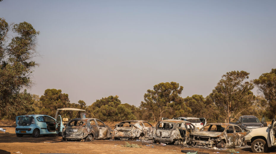 Aftermath of the Nova Festival massacre. Photo by Chaim Goldberg/Flash90