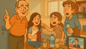 The family in the shelter. AI-generated illustration.