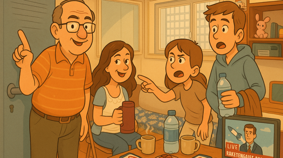 The family in the shelter. AI-generated illustration.