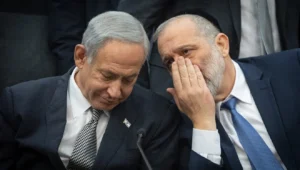 Israeli Prime Minister Benjamin Netanyahu and Shas leader Aryeh Deri during a Shas Party meeting at the Knesset, Jan. 23, 2023. Photo by Yonatan Sindel/Flash90.