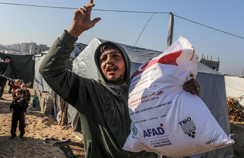 Illustration. Palestinians receive aid at a distribution point in Gaza. Photo by Abed Rahim Khatib/Flash90