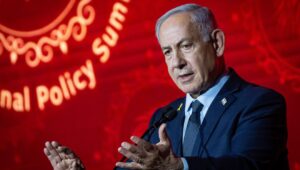Israeli Prime Minister Benjamin Netanyahu speaks at the JNS International Policy Conference in Jerusalem, April 27, 2025. Photo by Yonatan Sindel/Flash90.