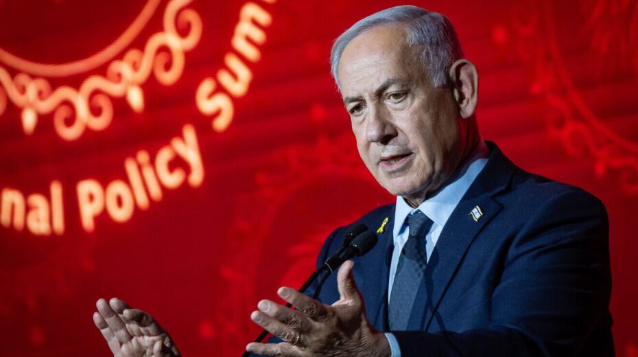 Israeli Prime Minister Benjamin Netanyahu speaks at the JNS International Policy Conference in Jerusalem, April 27, 2025. Photo by Yonatan Sindel/Flash90.