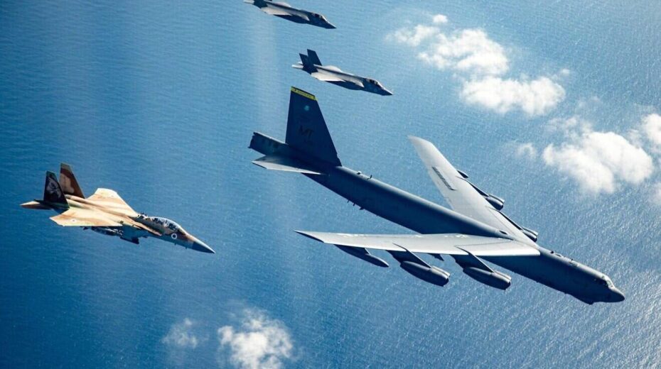 Israeli Air Force fighter jets conducting a joint flight with an American B-52 strategic bomber are seen in an image published on March 6, 2025. Credit: IDF.