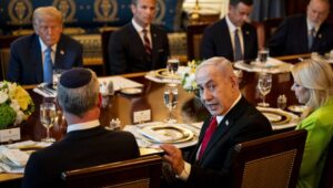 US President Donald Trump (top left) and Israeli Prime Minister Benjamin Netanyahu attend a dinner in the Blue Room of the White House in Washington, DC, USA, on July 7, 2025. EPA/AL DRAGO / POOL