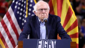 Sen. Bernie Sanders (I-Vt.) speaks at a "fight oligarchy" rally at Mullett Arena in Tempe, Ariz., March 20, 2025. Credit: Gage Skidmore via Creative Commons.