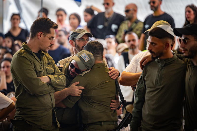 Family and friends of Israeli soldier Sgt. Maj. (res.) Eliran Mizrahi attend his funeral at the Mount Herzl Military Cemetery in Jerusalem on June 13, 2024. Mizrahi, a reservist suffering PTSD, took his own life. Photo by Yonatan Sindel/Flash90