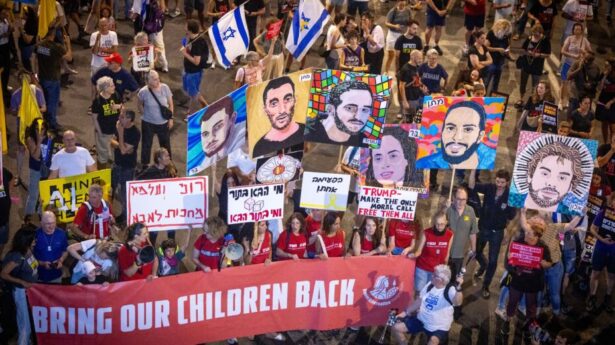Demonstrators protest in front of the Defense Ministry in Tel Aviv on July 5, 2025, demanding the release of Israelis held hostage in the Gaza Strip. Photo: Miriam Alster/Flash90.