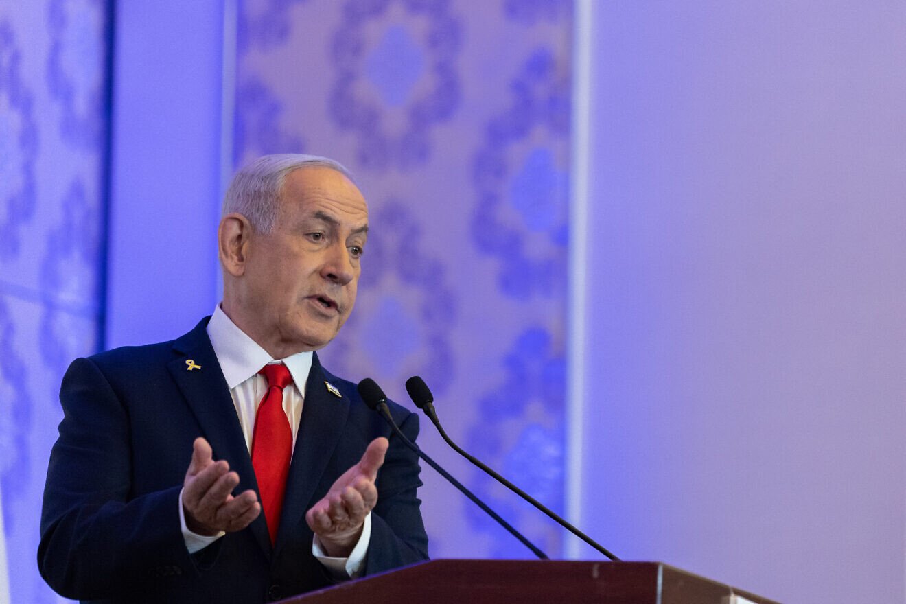 Israeli Prime Minister Benjamin Netanyahu speaks at a Christian Conference in Jerusalem hosted by Trump adviser Pastor Paula White, on April 27, 2025. Photo by Chaim Goldberg/Flash90.