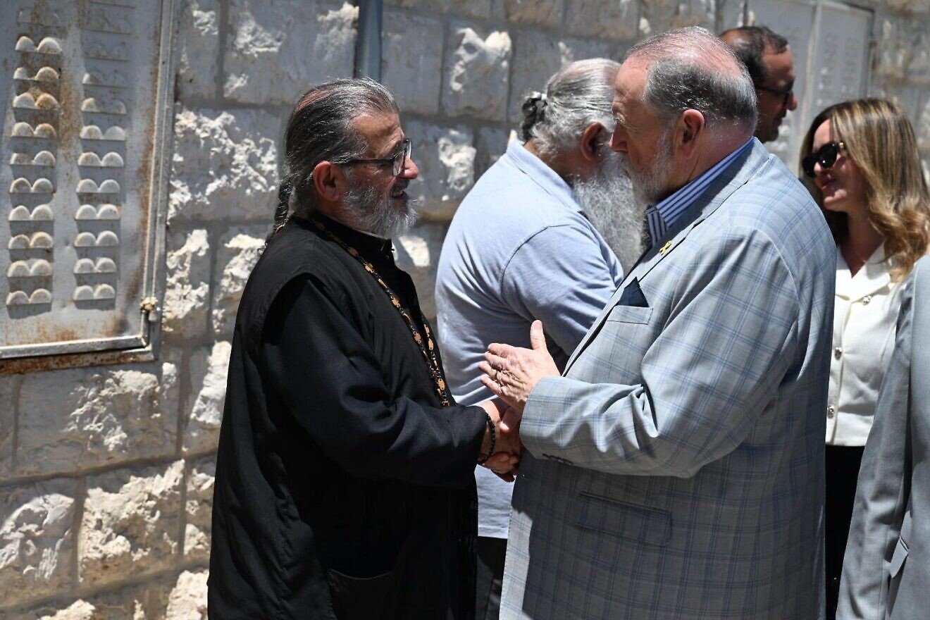 US Ambassador to Israel Mike Huckabee pays a solidarity visit to the Christian-majority village of Taybeh, near Ramallah in Samaria, July 19, 2025. Credit: US Embassy in Israel.