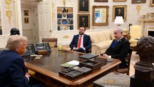 Israeli Prime Minister Benjamin Netanyahu at a second meeting with U.S. President Donald Trump, and also attended by Vice President JD Vance, held in the Oval Office in the White House on July 8, 2025. Credit: Avi Ohayon/GPO.