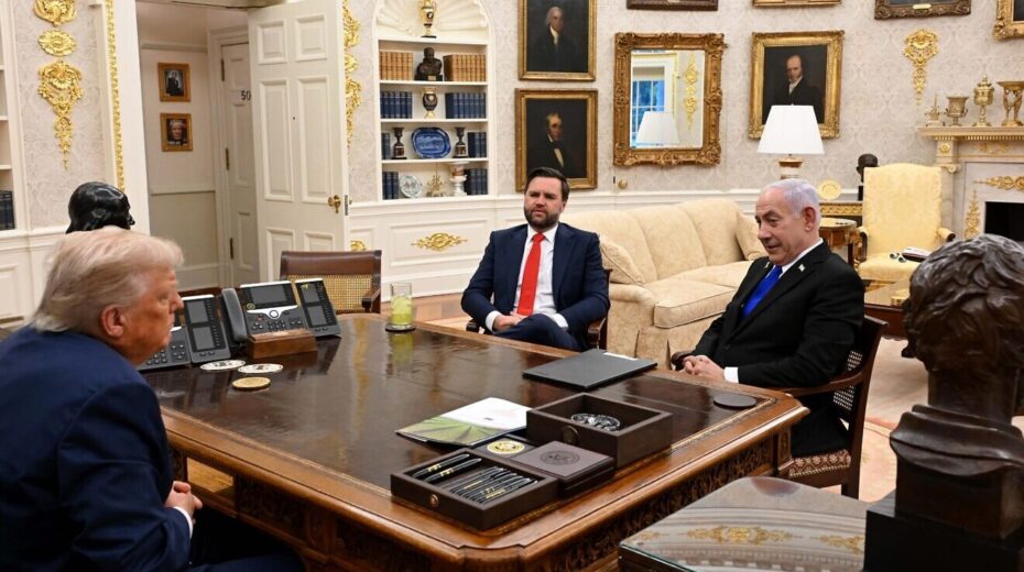 Israeli Prime Minister Benjamin Netanyahu at a second meeting with U.S. President Donald Trump, and also attended by Vice President JD Vance, held in the Oval Office in the White House on July 8, 2025. Credit: Avi Ohayon/GPO.