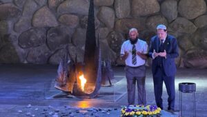 Imam Hassen Chalghoumi (left), chairman of the Conference of Imams of France, and Dahri Nour Mouhammad, executive director of Islamic Theology of Counter Terrorism, pray at Yad Vashem, The World Holocaust Remembrance Center in Jerusalem, on July 7, 2025. Credit: Yad Vashem.
