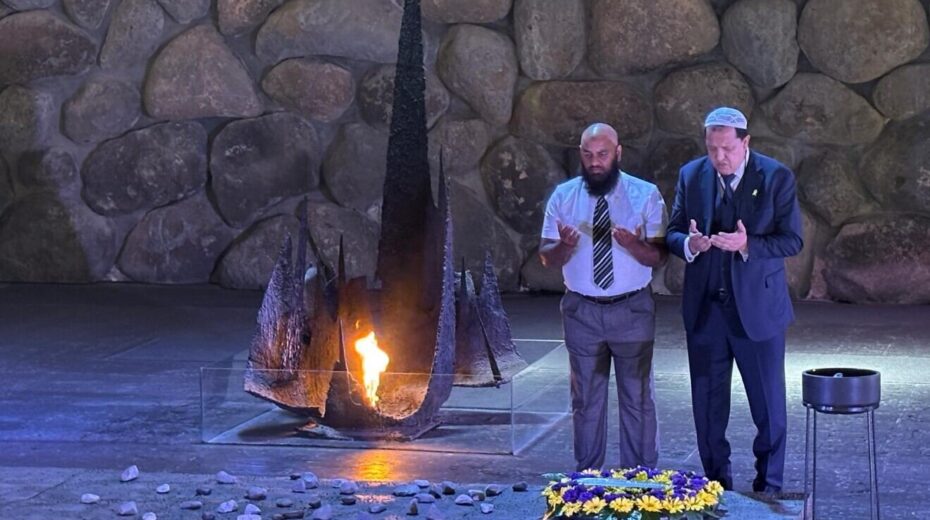 Imam Hassen Chalghoumi (left), chairman of the Conference of Imams of France, and Dahri Nour Mouhammad, executive director of Islamic Theology of Counter Terrorism, pray at Yad Vashem, The World Holocaust Remembrance Center in Jerusalem, on July 7, 2025. Credit: Yad Vashem.