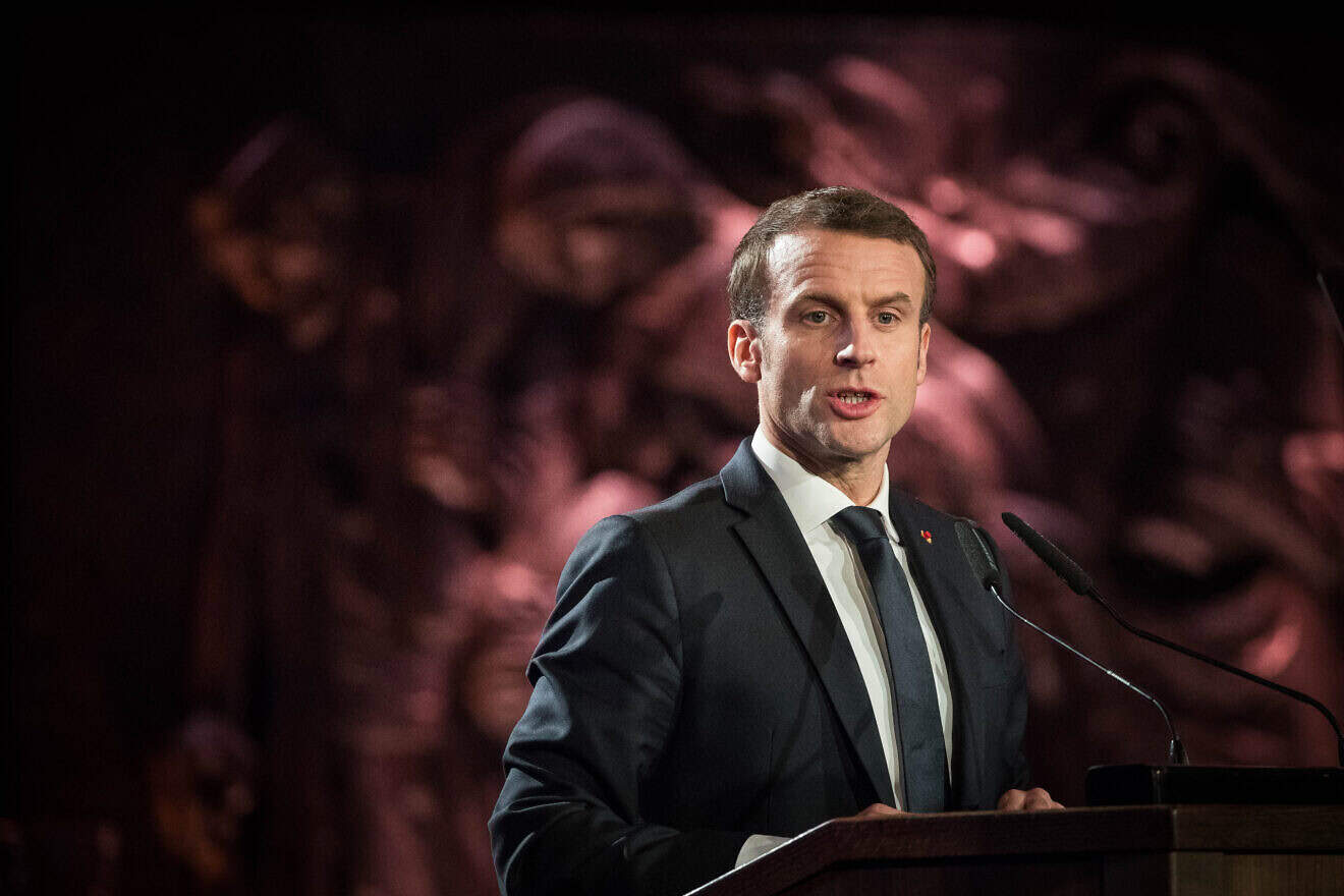 French President Emmanuel Macron speaks during the Fifth World Holocaust Forum at the Yad Vashem Holocaust memorial museum in Jerusalem on Jan. 23, 2020. Photo by Yonatan Sindel/Flash90.