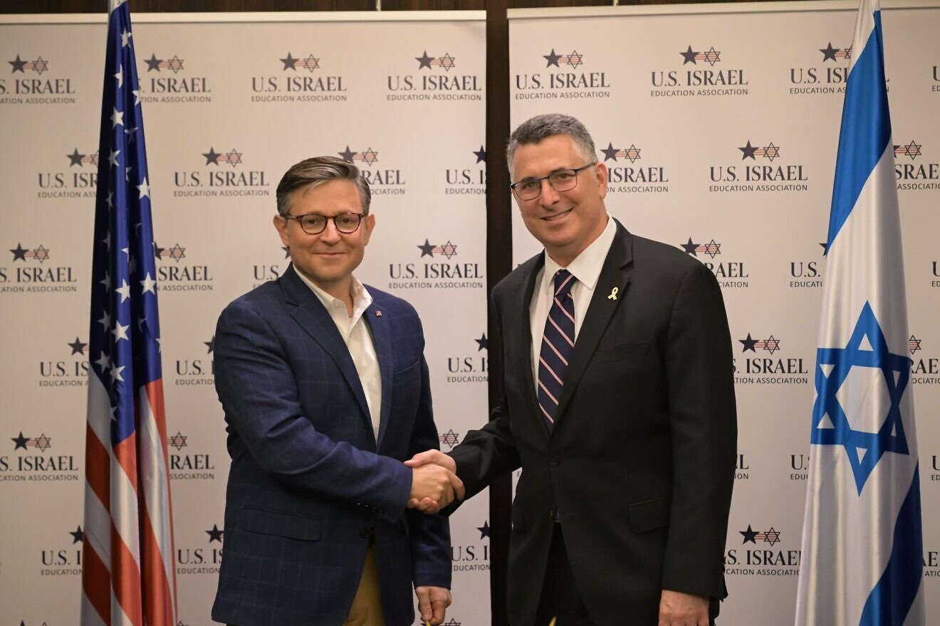 Israeli Foreign Minister Gideon Sa’ar meets with House Speaker Mike Johnson (R-La.) in Jerusalem, Aug. 3, 2025. Credit: Israeli Foreign Ministry.