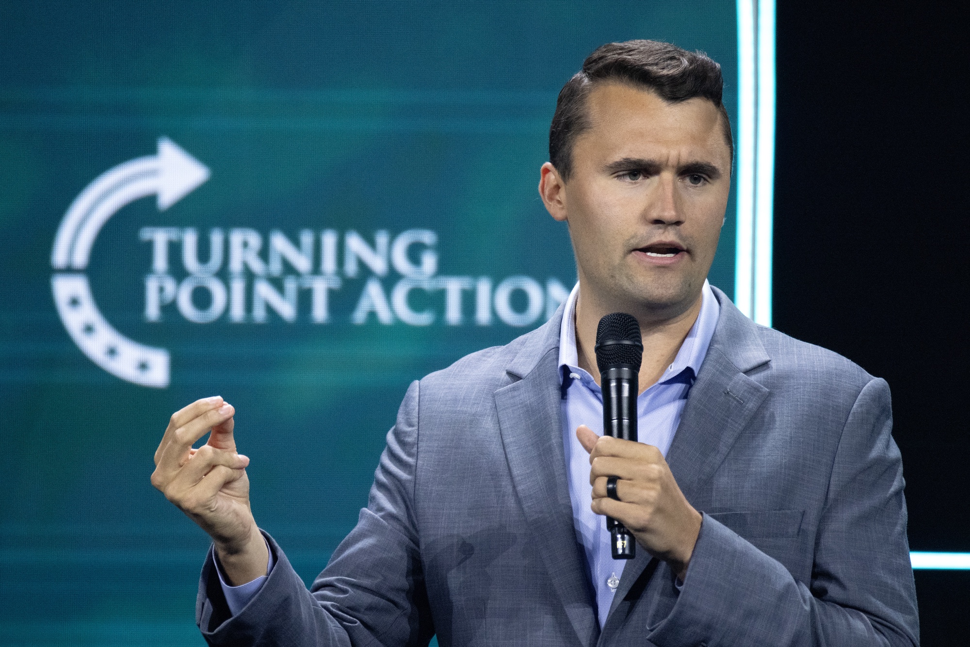 Founder and President of Turning Point Action, Charlie Kirk, speaks at the organization's 'Believers Summit' in West Palm Beach, Florida in July 2024. Photo by EPA/CRISTOBAL HERRERA-ULASHKEVICH