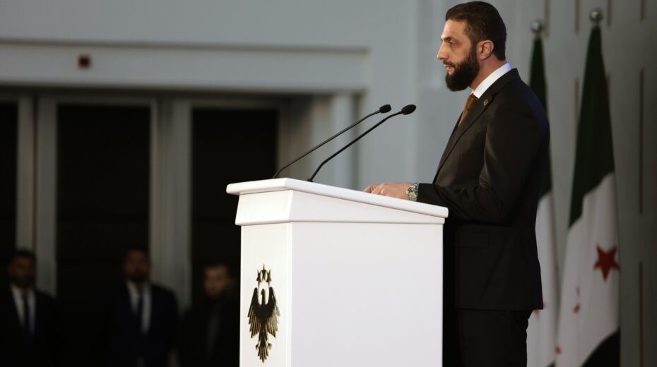 Syrian leader President Ahmed al-Sharaa delivers a speech during the unveiling of the "new visual identity of the Syrian Arab Republic" at the Presidential Palace in Damascus, Syria, on July 3, 2025. Photo: EPA/MOHAMMED AL RIFAI