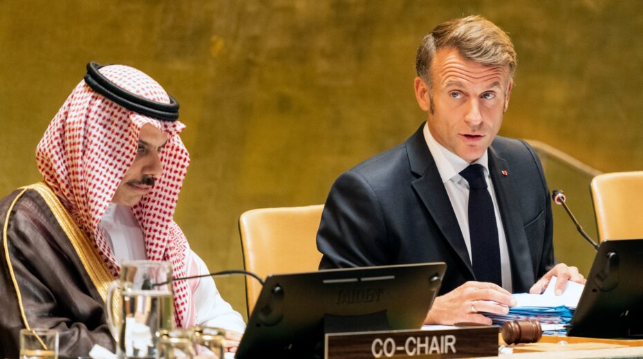 Saudi Foreign Minister Faisal bin Farhan Al Saud (left) and French President Emmanuel Macron co-chair the High-Level International Conference on the Peaceful Resolution of the Palestinian Question and the Implementation of the Two-State Solution at the United Nations (UN) headquarters in New York, New York, USA, on September 22, 2025. Photo: EPA/LEV RADIN