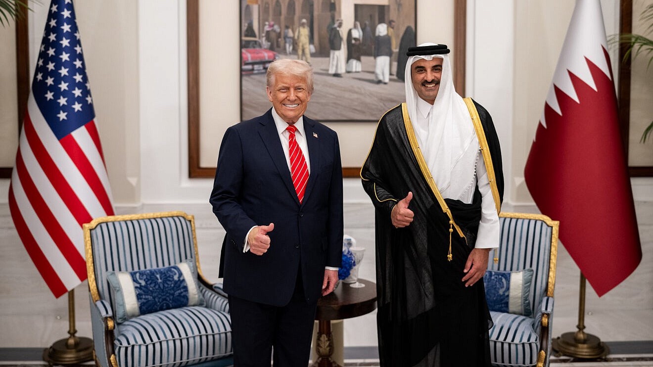 U.S. President Donald Trump poses for a photo with Emir of Qatar Sheikh Tamim bin Hamad Al Thani in Lusail Palace before an official State Dinner in Doha, Qatar, May 14, 2025. Credit: Daniel Torok/White House.