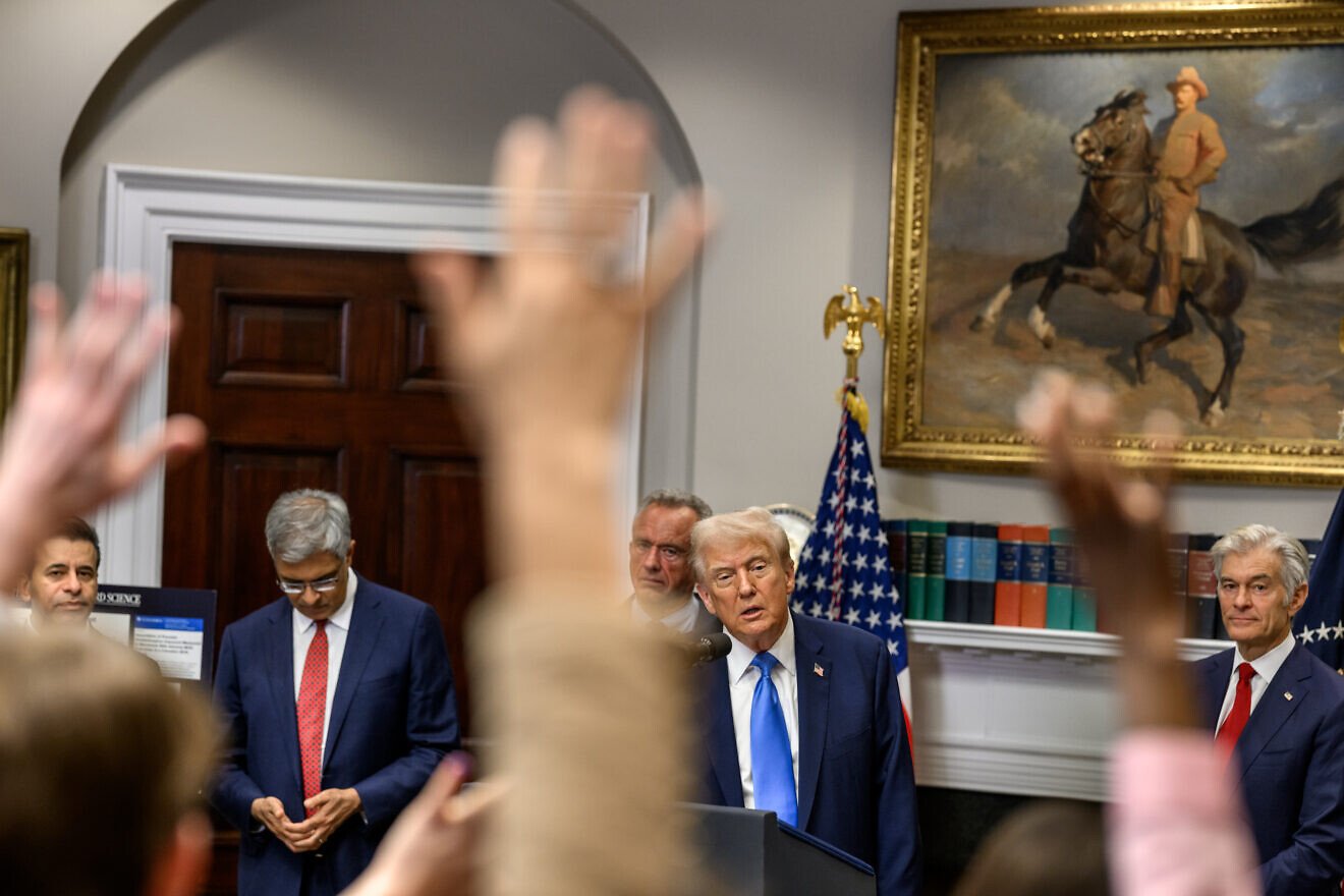 US President Donald Trump answers questions from members of the media after making an announcement on medical and scientific findings regarding autism in America’s children in the Roosevelt Room of the White House, Sept. 22, 2025. Credit: Joyce N. Boghosian/White House.
