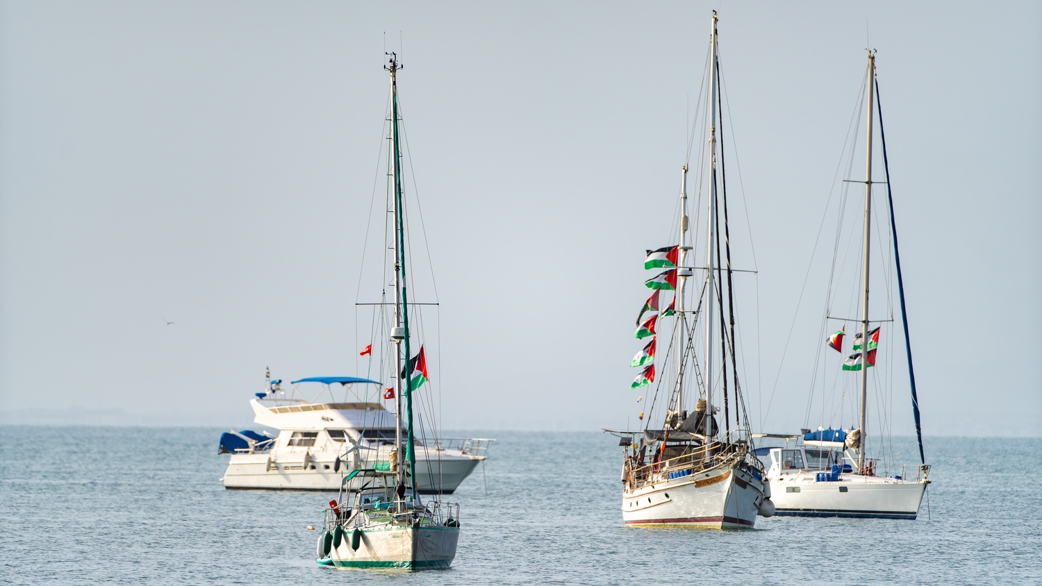 The Sumud flotilla anchored off the coast of Sidi Bou Said, Tunisia, during its voyage. Photo: Adobe Stock