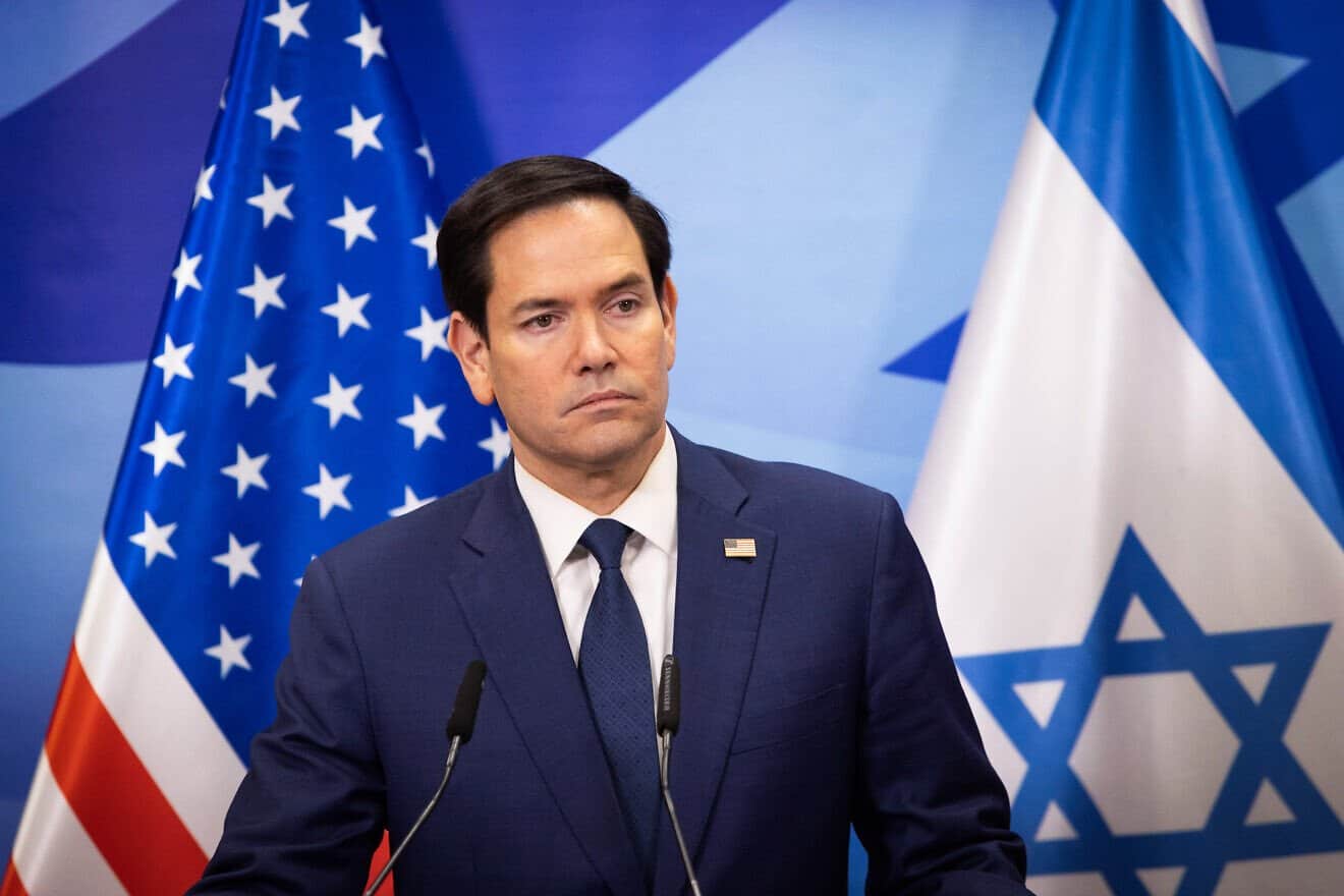 US Secretary of State Marco Rubio gives a press statement after meeting with Israeli Prime Minister Benjamin Netanyahu at the Prime Minister's Office in Jerusalem on Feb. 16, 2025. Photo by Alex Kolomoisky/POOL via Flash90.