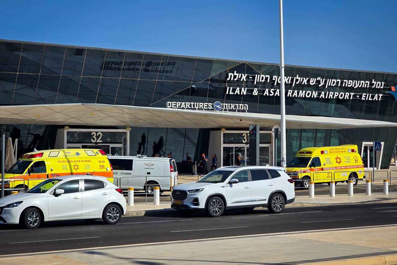 Rescue forces are seen outside Ramon Airport after a drone launched from Yemen struck the airport on Sept. 7, 2025. Photo by Yehuda Ben Itach/Flash90.