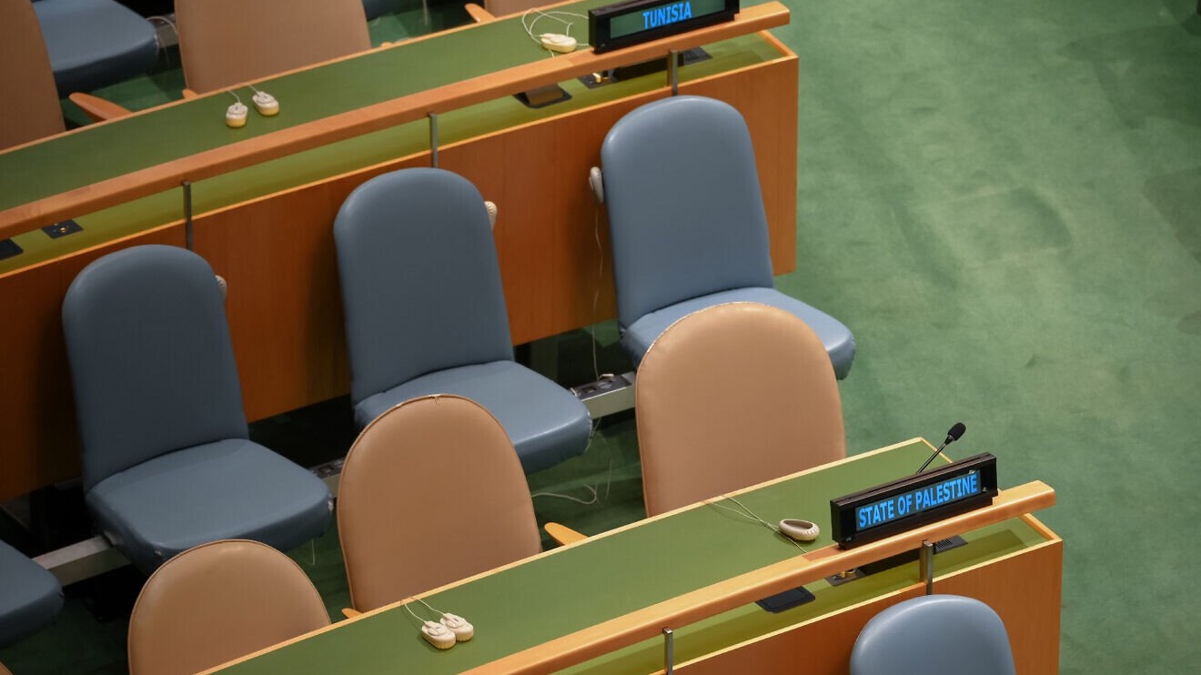The empty seat of the Palestinian representative during Israeli Prime Minister Benjamin Netanyahu's address to the U.N. General Assembly in New York City, Sept. 26, 2025. Credit: Liri Agami/Flash90.