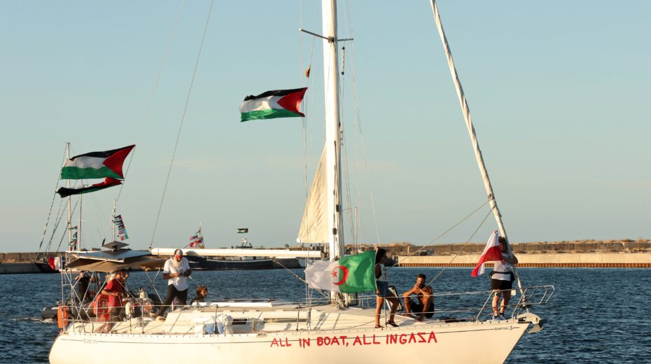 Flags fly on board a Global Sumud Flotilla (GSF) ship before its departure from the port of Bizerte in northern Tunisia on September 13, 2025. Photo: EPA/MOHAMED MESSARA