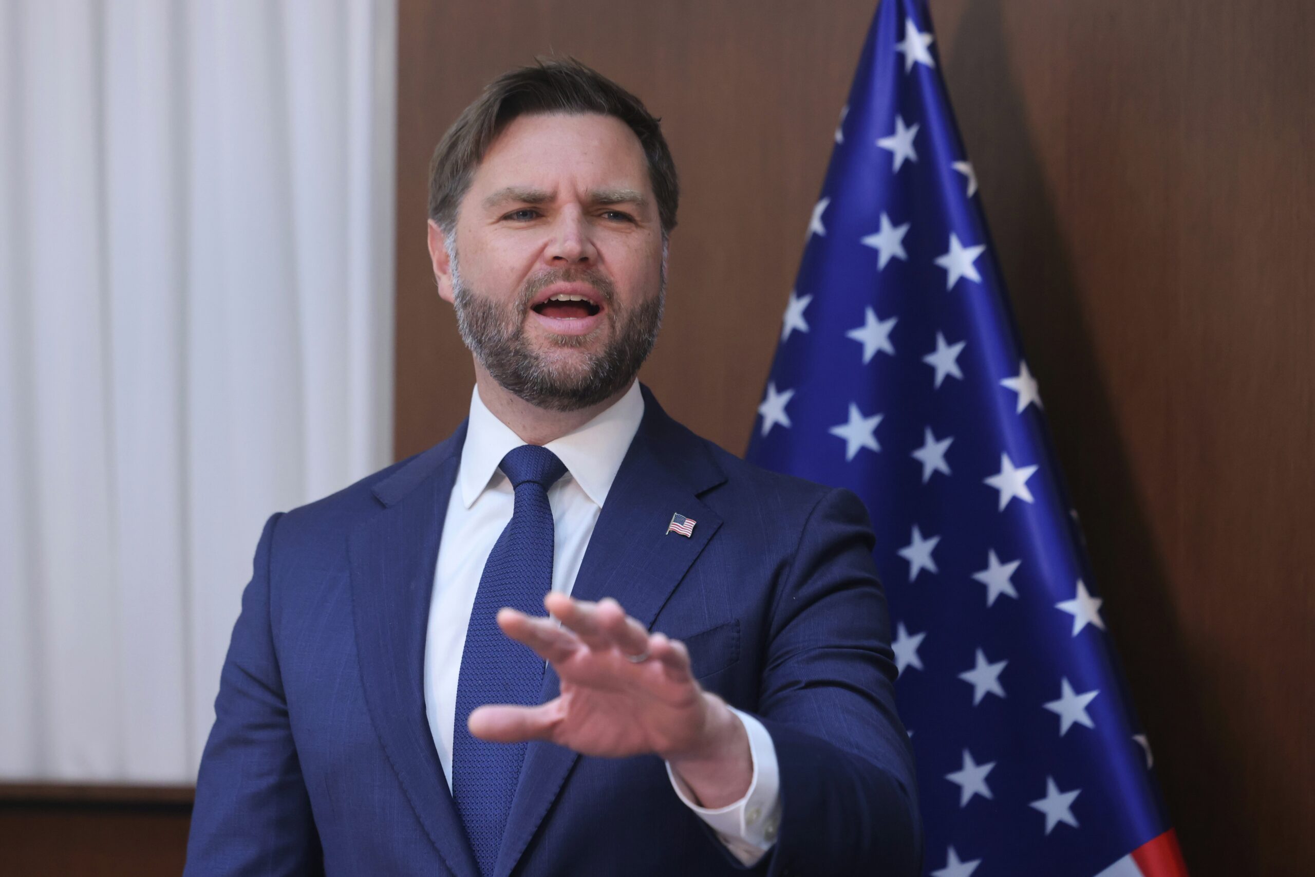 US Vice President JD Vance gestures during a meeting with Israeli Prime Minister Netanyahu at the Prime Minister's Office in Jerusalem, 22 October 2025. EPA/MARC ISRAEL SELLEM / POOL