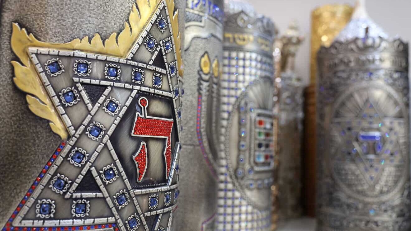 Covers for Torah scrolls at the Achim Chai factory in Petach Tikvah, Israel, on Feb. 14, 2023. Photo by David Cohen/Flash90.